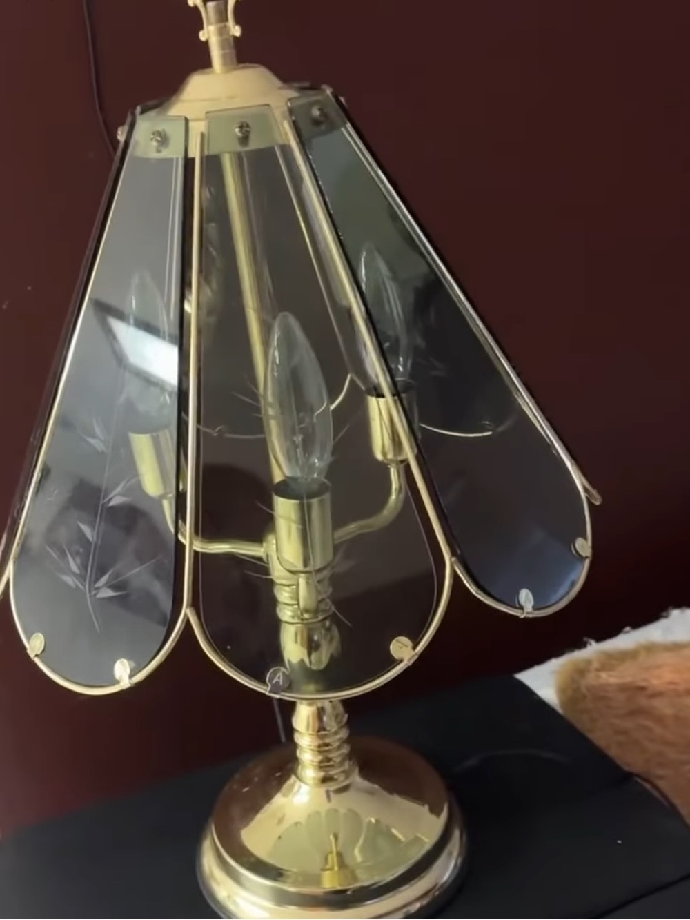Vintage MCM Brass Touch Lamp Etched Smoked Glass Panes 3 Settings
